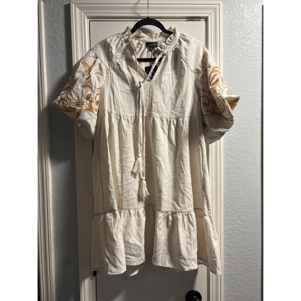 Gigio USA Mini Dress Womens Small Cream Embroidered Puff Sleeve Linen Blend Boho